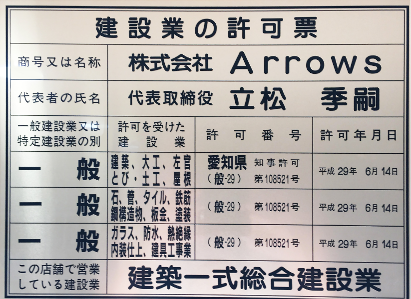 Arrows建設業の許可票